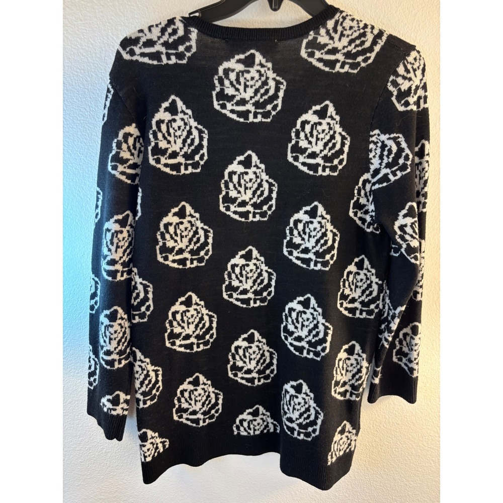 LOFT Ann Taylor Black White Rose Floral Wool Blend Sweater Large 357789